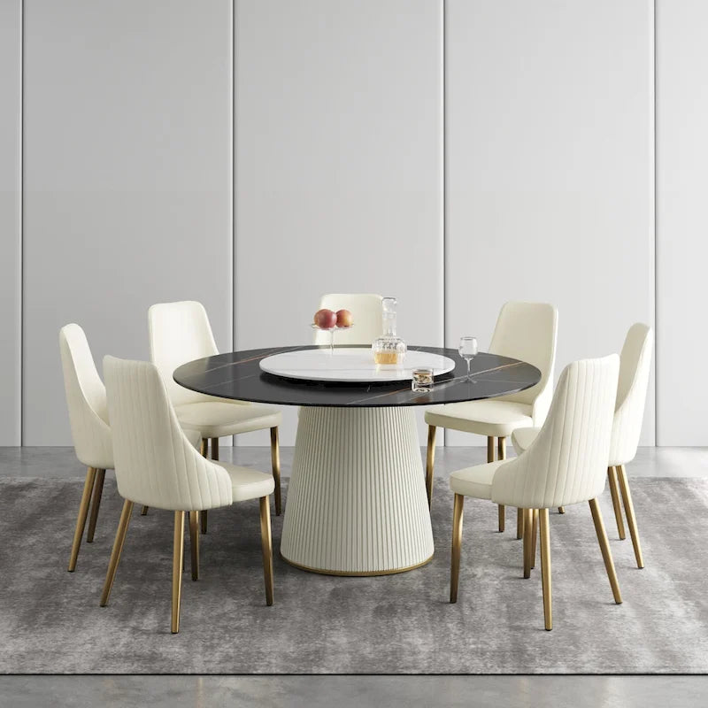 Table à manger ronde moderne de 150 cm pour 8 personnes — Plateau en pierre frittée noire avec plateau tournant