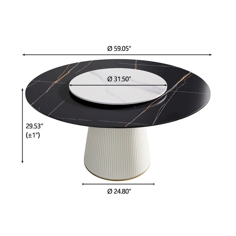 Table à manger ronde moderne de 150 cm pour 8 personnes — Plateau en pierre frittée noire avec plateau tournant
