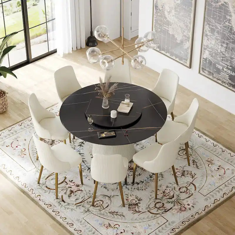 Table à manger ronde moderne de 150 cm pour 8 personnes — Plateau en pierre frittée noire avec plateau tournant