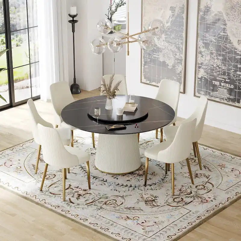 Table à manger ronde moderne de 150 cm pour 8 personnes — Plateau en pierre frittée noire avec plateau tournant