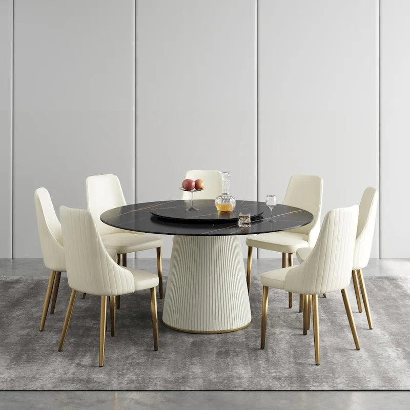 Table à manger ronde moderne de 150 cm pour 8 personnes — Plateau en pierre frittée noire avec plateau tournant