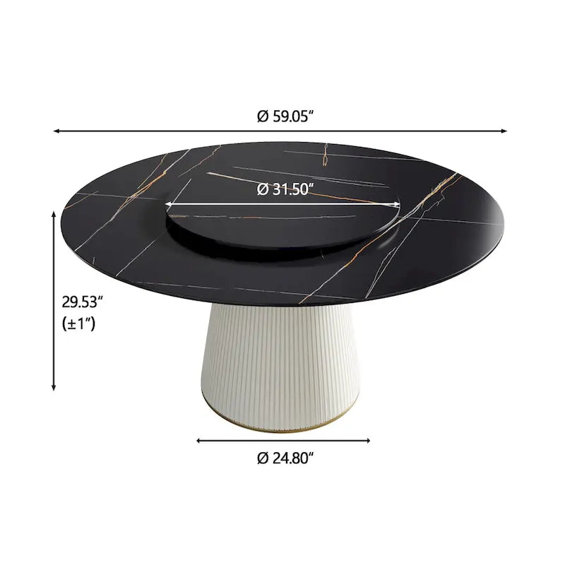 Table à manger ronde moderne de 150 cm pour 8 personnes — Plateau en pierre frittée noire avec plateau tournant