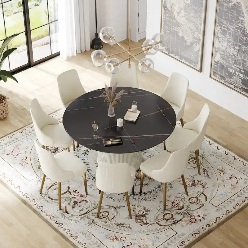 Table à manger ronde moderne de 150 cm pour 8 personnes — Plateau en pierre frittée noire avec plateau tournant