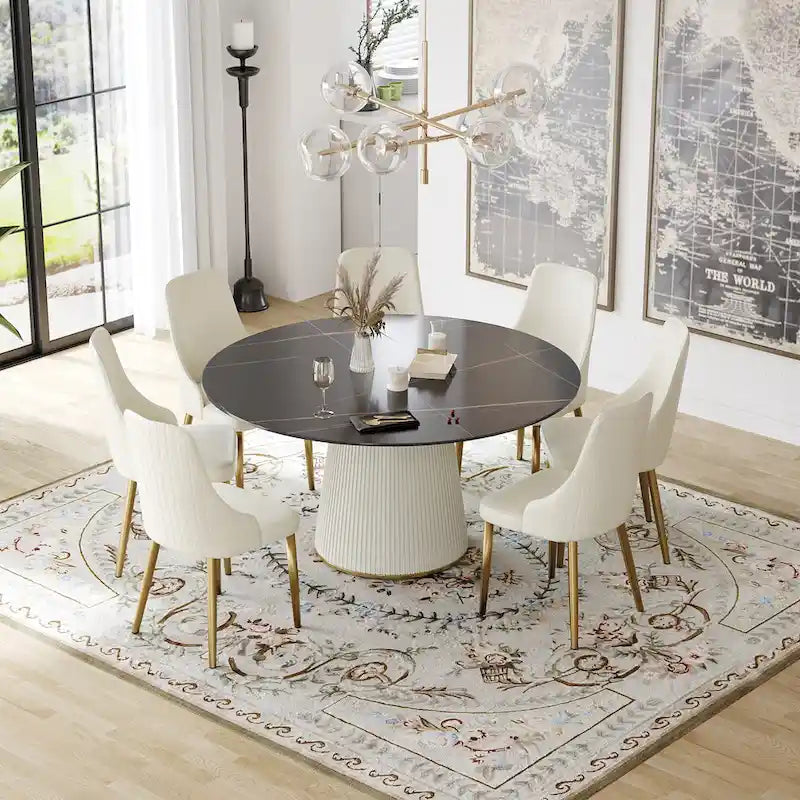 Table à manger ronde moderne de 150 cm pour 8 personnes — Plateau en pierre frittée noire avec plateau tournant