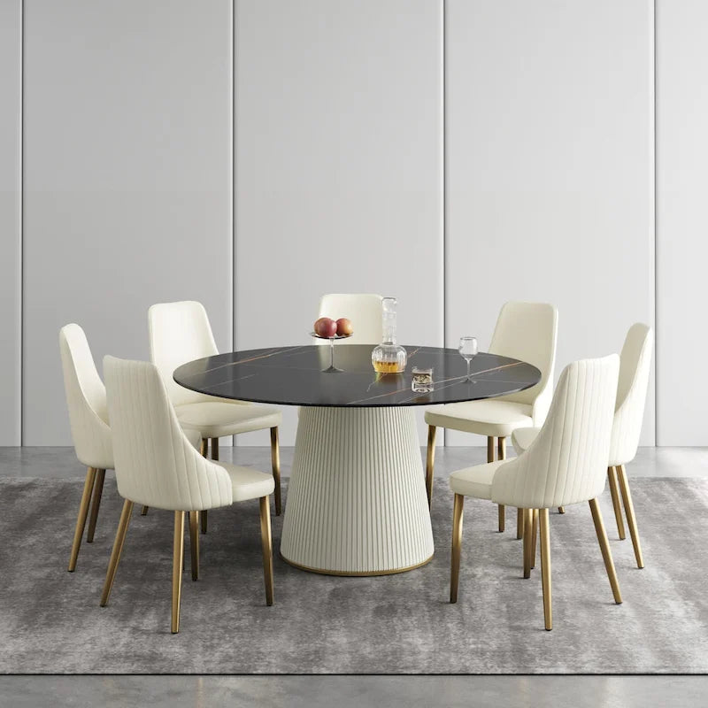 Table à manger ronde moderne de 150 cm pour 8 personnes — Plateau en pierre frittée noire avec plateau tournant