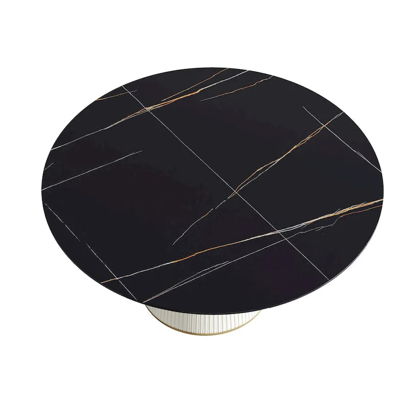 Table à manger ronde moderne de 150 cm pour 8 personnes — Plateau en pierre frittée noire avec plateau tournant