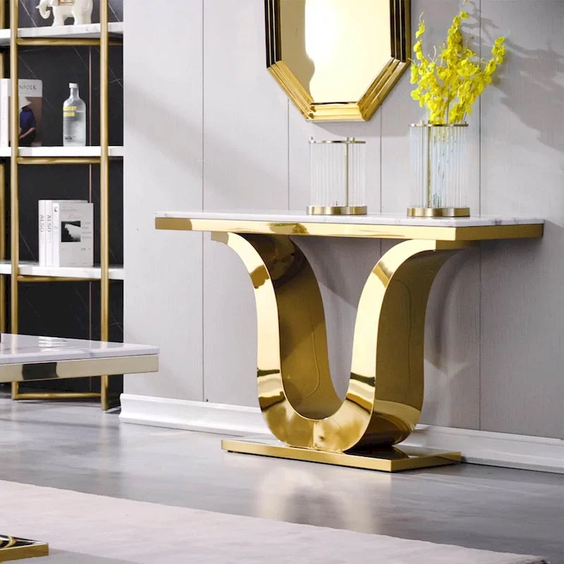 Console de luxe blanche de 50 po avec base en U en acier inoxydable — Table d'entrée et de canapé