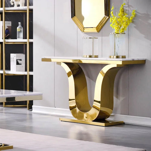 50 inch Luxury Console Table Rectangle Living Room White Sofa Entryway Table with Stainless Steel U Base