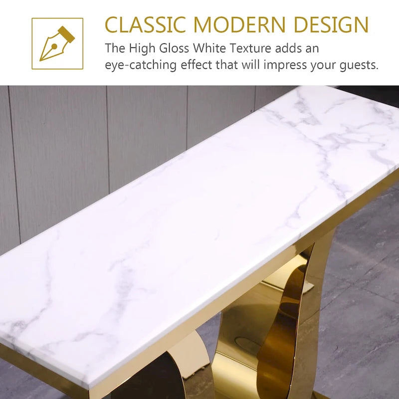 Console de luxe blanche de 50 po avec base en U en acier inoxydable — Table d'entrée et de canapé
