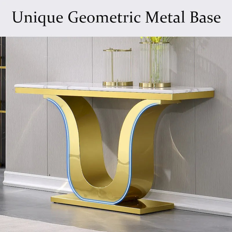 Console de luxe blanche de 50 po avec base en U en acier inoxydable — Table d'entrée et de canapé
