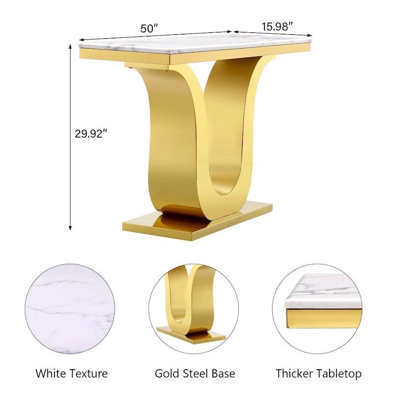 Console de luxe blanche de 50 po avec base en U en acier inoxydable — Table d'entrée et de canapé