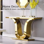 Console de luxe blanche de 50 po avec base en U en acier inoxydable — Table d'entrée et de canapé