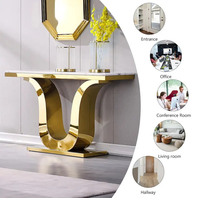 Console de luxe blanche de 50 po avec base en U en acier inoxydable — Table d'entrée et de canapé