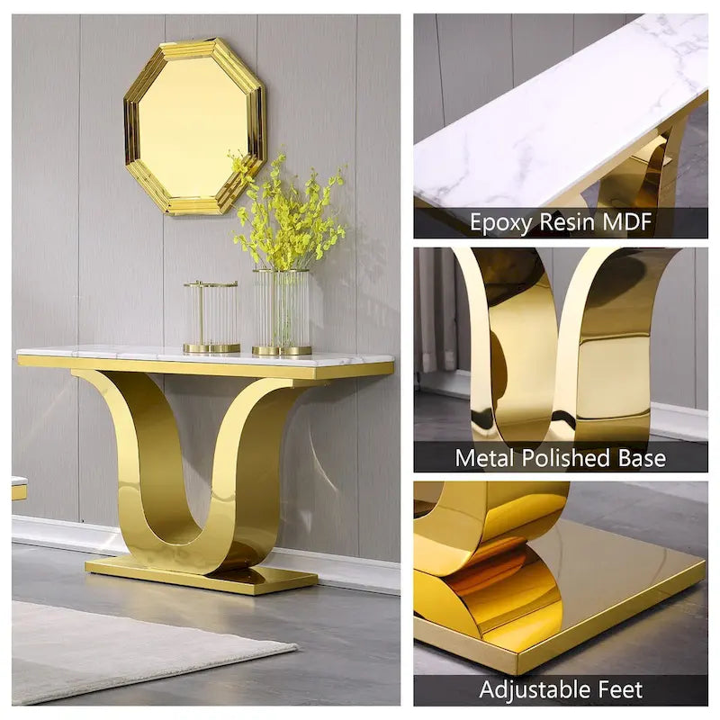 Console de luxe blanche de 50 po avec base en U en acier inoxydable — Table d'entrée et de canapé