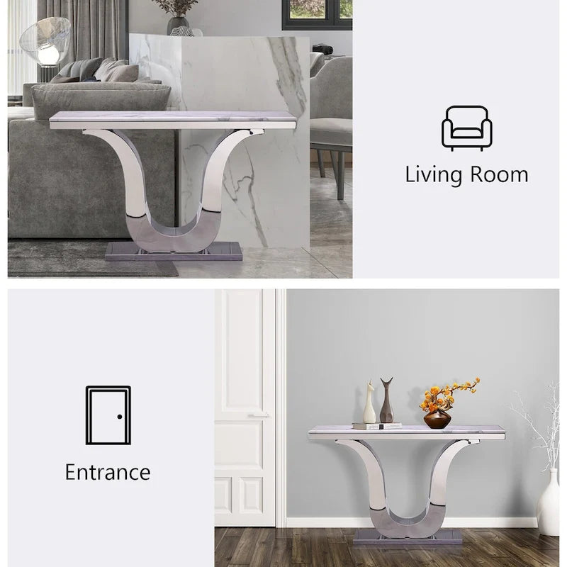 Console de luxe blanche de 50 po avec base en U en acier inoxydable — Table d'entrée et de canapé