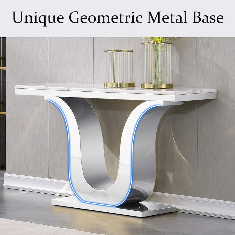 Console de luxe blanche de 50 po avec base en U en acier inoxydable — Table d'entrée et de canapé