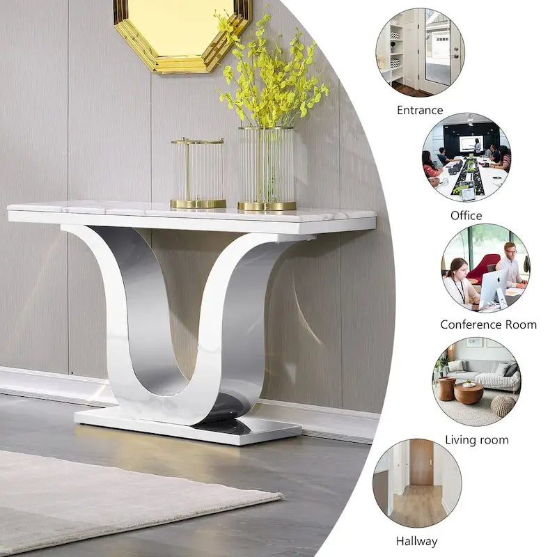 Console de luxe blanche de 50 po avec base en U en acier inoxydable — Table d'entrée et de canapé