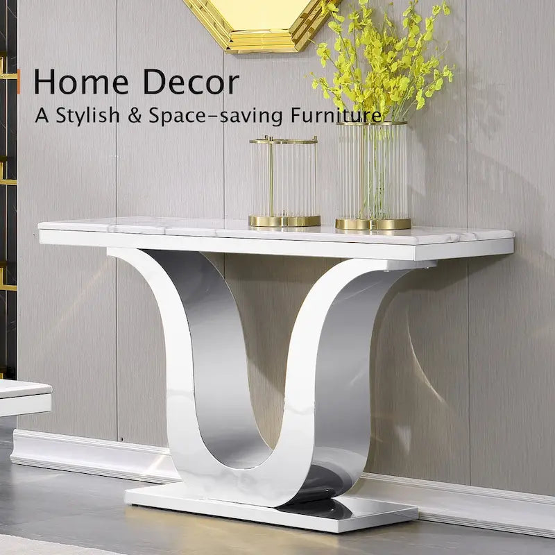 Console de luxe blanche de 50 po avec base en U en acier inoxydable — Table d'entrée et de canapé