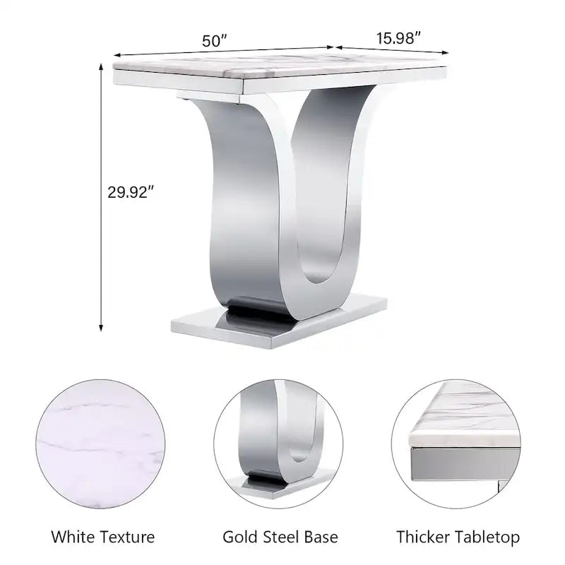 Console de luxe blanche de 50 po avec base en U en acier inoxydable — Table d'entrée et de canapé