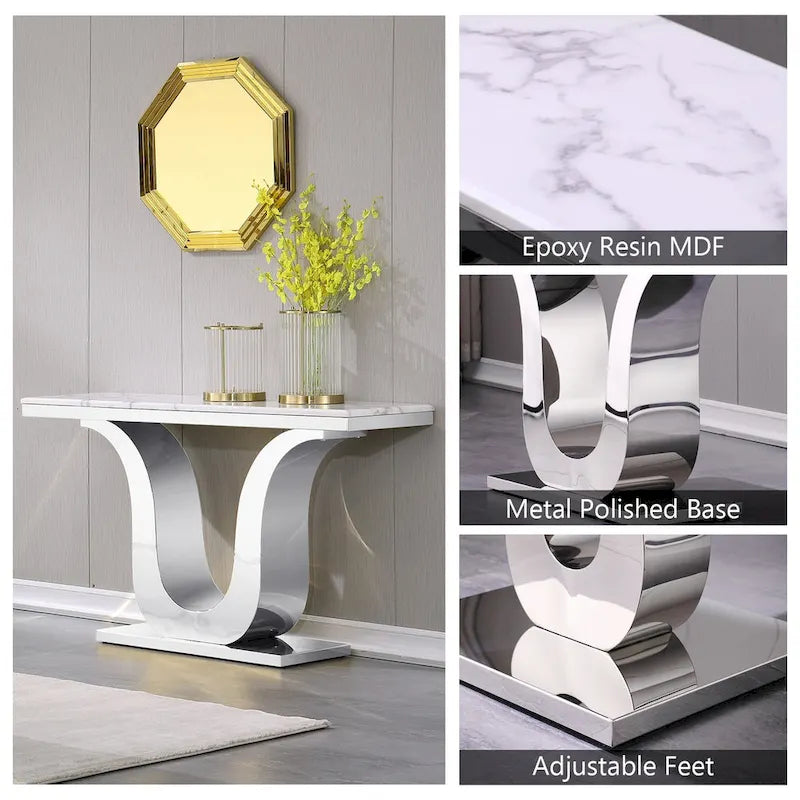 Console de luxe blanche de 50 po avec base en U en acier inoxydable — Table d'entrée et de canapé