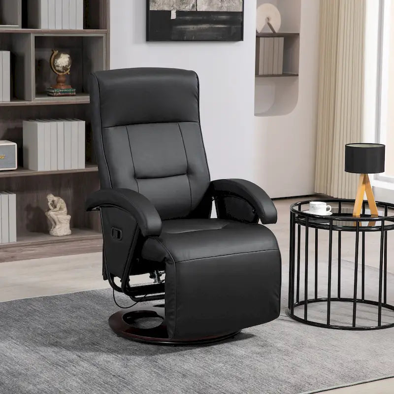 Fauteuil inclinable en cuir PU avec repose-pieds, dossier réglable à 135° et base pivotante en bois