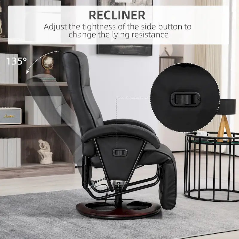 Fauteuil inclinable en cuir PU avec repose-pieds, dossier réglable à 135° et base pivotante en bois