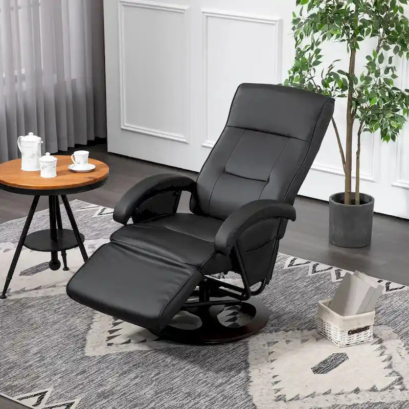 Fauteuil inclinable en cuir PU avec repose-pieds, dossier réglable à 135° et base pivotante en bois