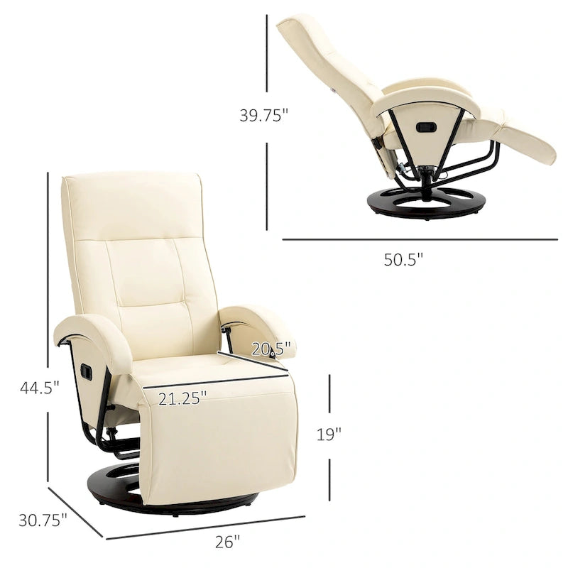 Fauteuil inclinable en cuir PU avec repose-pieds, dossier réglable à 135° et base pivotante en bois