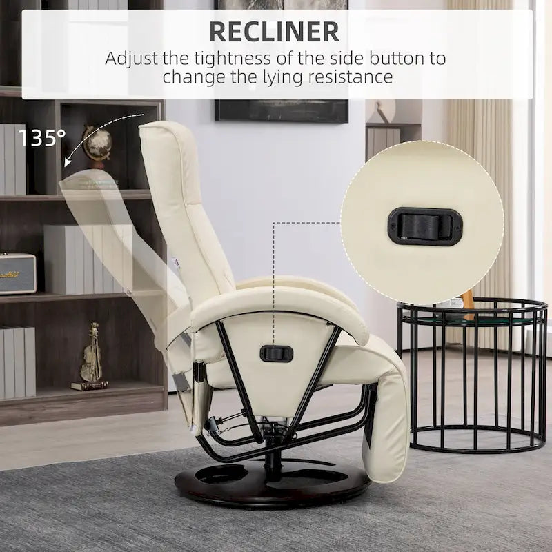 Fauteuil inclinable en cuir PU avec repose-pieds, dossier réglable à 135° et base pivotante en bois