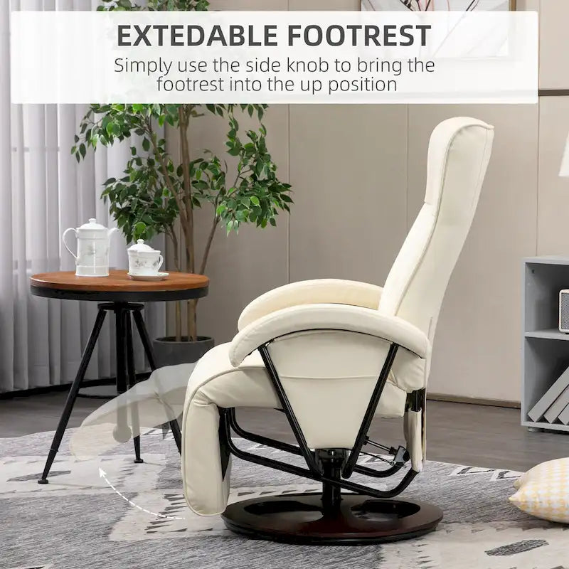 Fauteuil inclinable en cuir PU avec repose-pieds, dossier réglable à 135° et base pivotante en bois