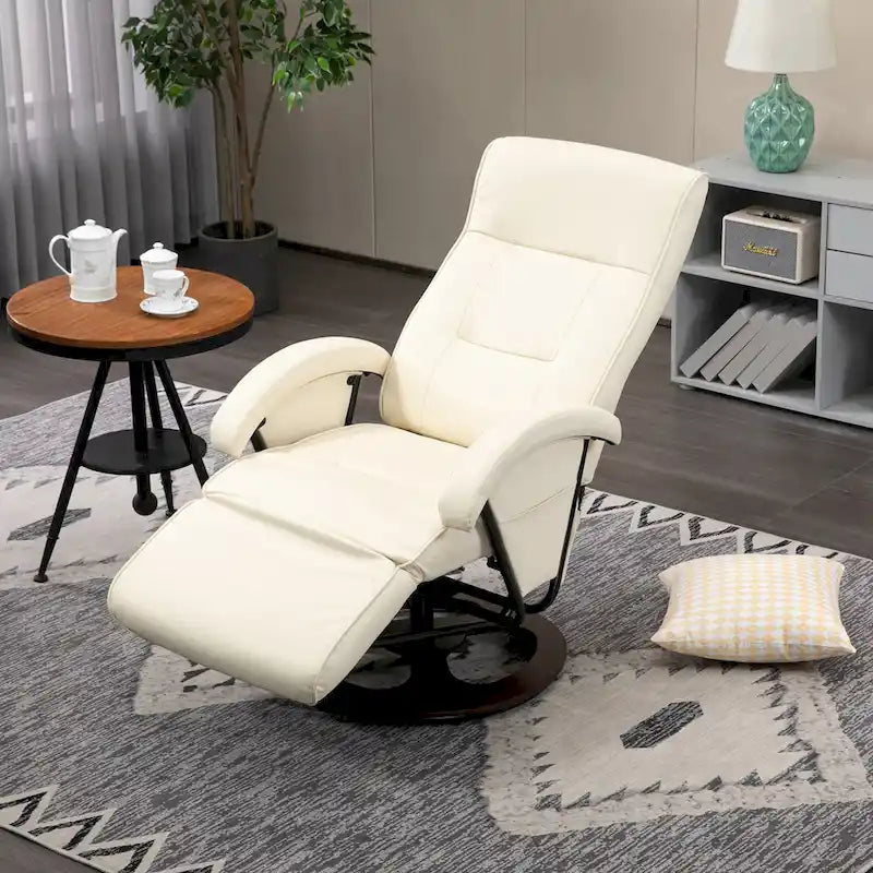 Fauteuil inclinable en cuir PU avec repose-pieds, dossier réglable à 135° et base pivotante en bois