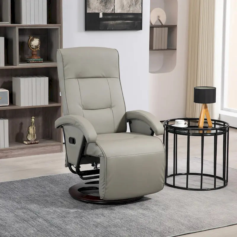 Fauteuil inclinable en cuir PU avec repose-pieds, dossier réglable à 135° et base pivotante en bois
