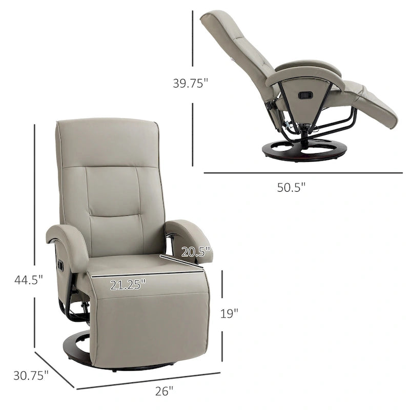 Fauteuil inclinable en cuir PU avec repose-pieds, dossier réglable à 135° et base pivotante en bois