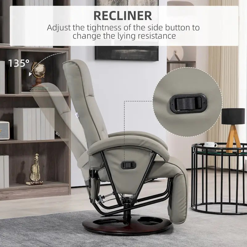 Fauteuil inclinable en cuir PU avec repose-pieds, dossier réglable à 135° et base pivotante en bois