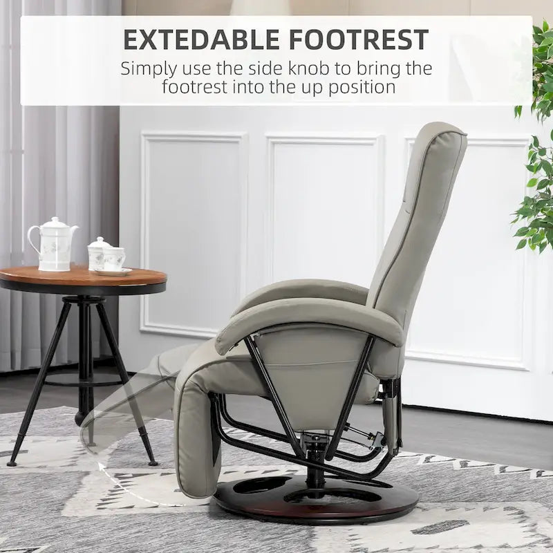 Fauteuil inclinable en cuir PU avec repose-pieds, dossier réglable à 135° et base pivotante en bois
