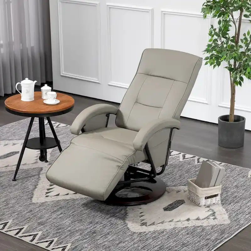 Fauteuil inclinable en cuir PU avec repose-pieds, dossier réglable à 135° et base pivotante en bois