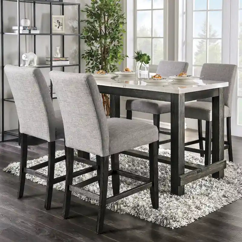 Table à manger rustique hauteur comptoir en véritable marbre avec 4 chaises rembourrées