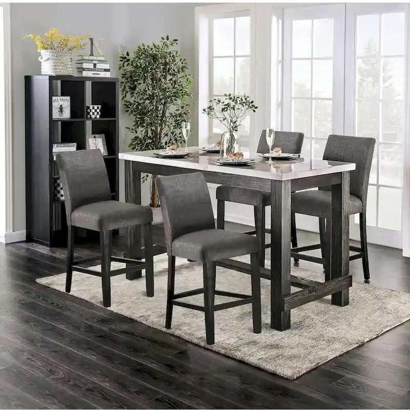 Table à manger rustique hauteur comptoir en véritable marbre avec 4 chaises rembourrées