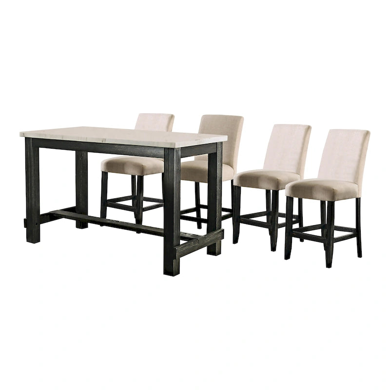 Table à manger rustique hauteur comptoir en véritable marbre avec 4 chaises rembourrées