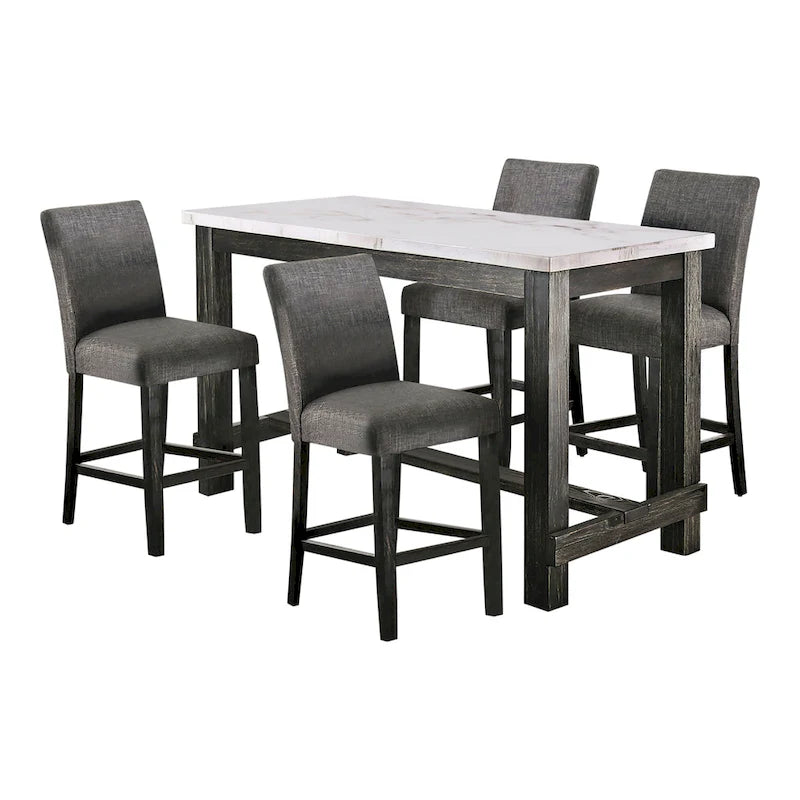 Table à manger rustique hauteur comptoir en véritable marbre avec 4 chaises rembourrées