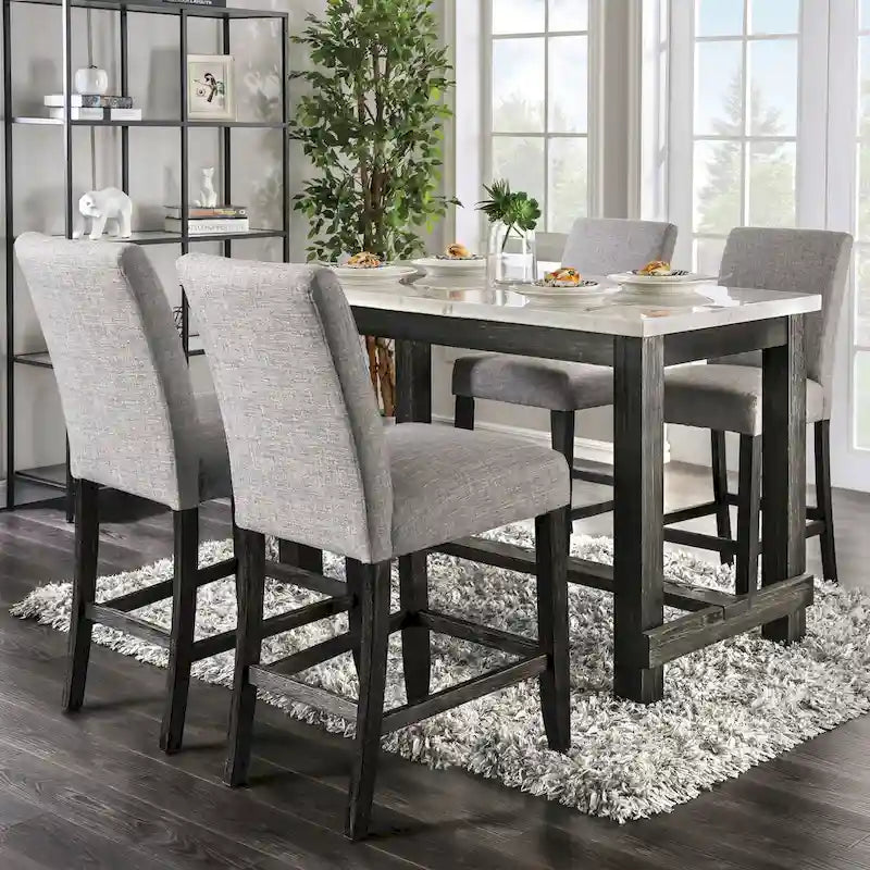 Table à manger rustique hauteur comptoir en véritable marbre avec 4 chaises rembourrées