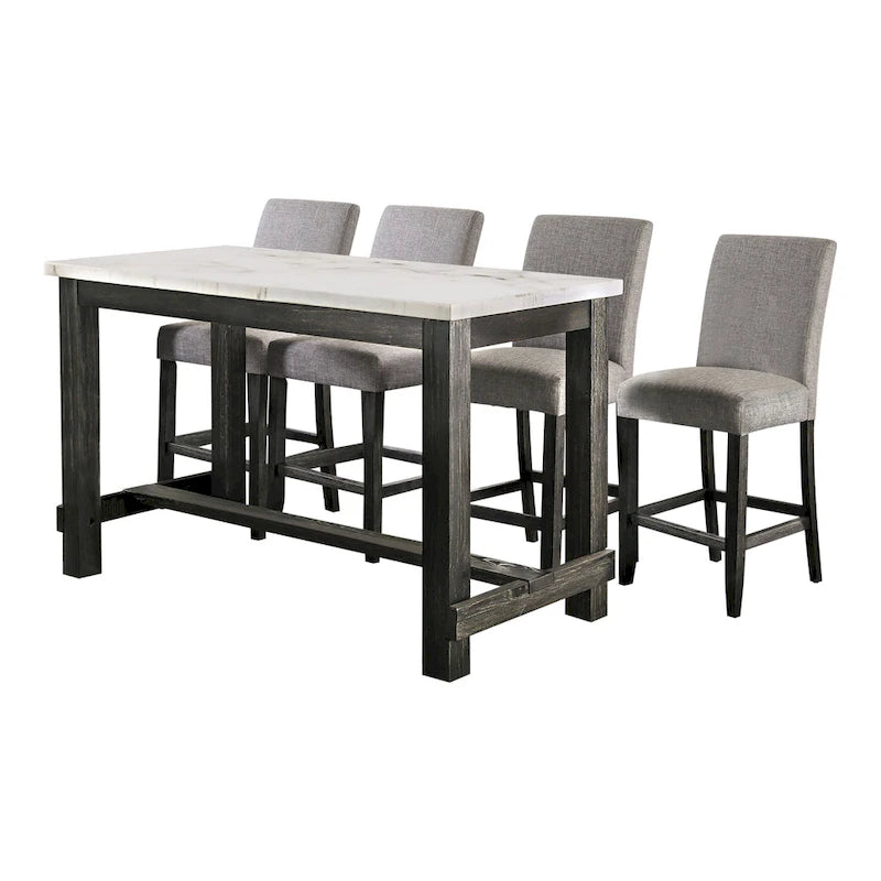 Table à manger rustique hauteur comptoir en véritable marbre avec 4 chaises rembourrées