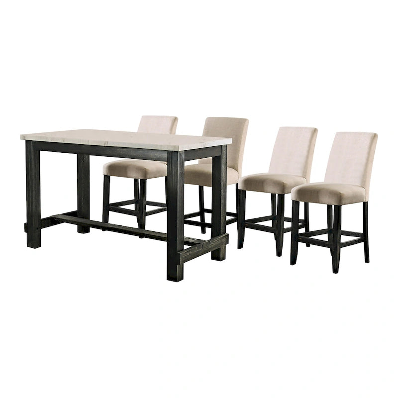 Table à manger rustique hauteur comptoir en véritable marbre avec 4 chaises rembourrées