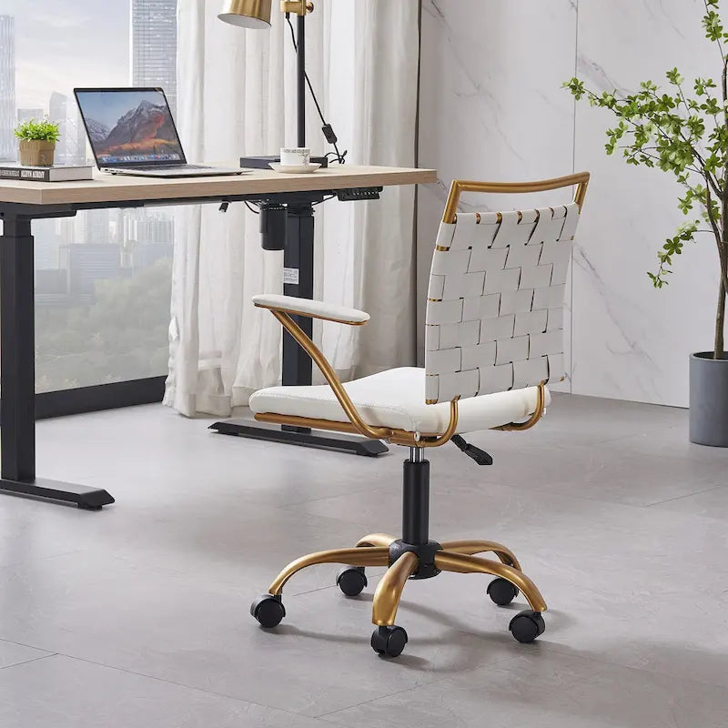 Chaise de bureau dorée avec coussin décoratif – Fauteuil d'appoint glamour