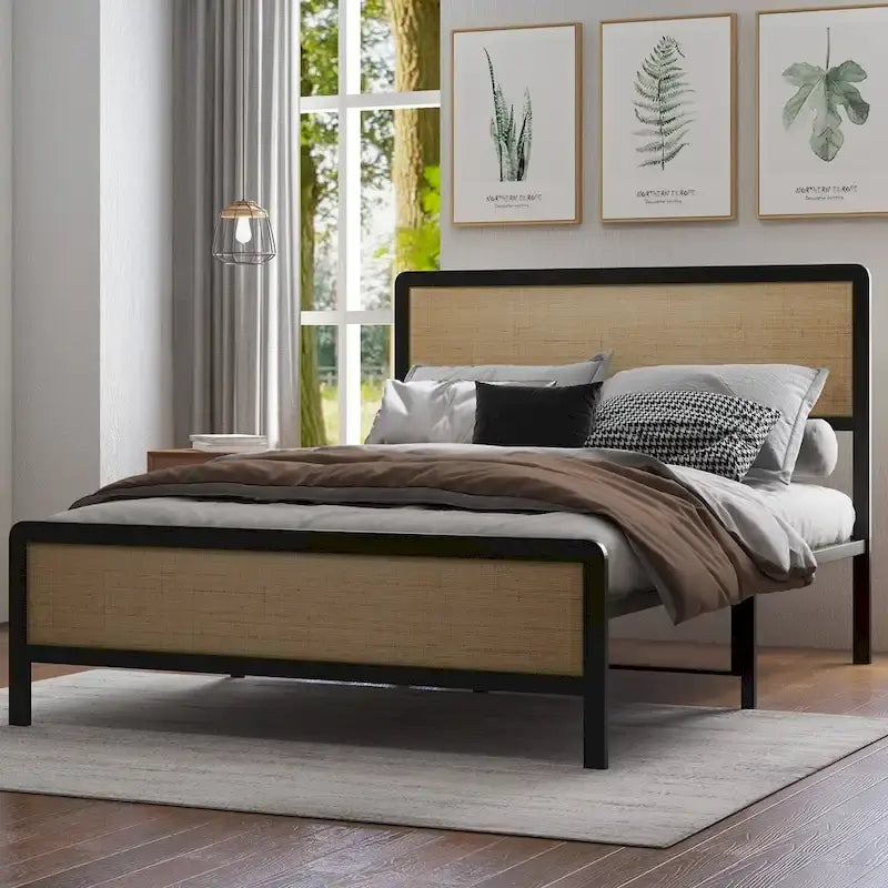 Lit plateforme, lit en rotin bohème, tête et pied de lit en rotin naturel