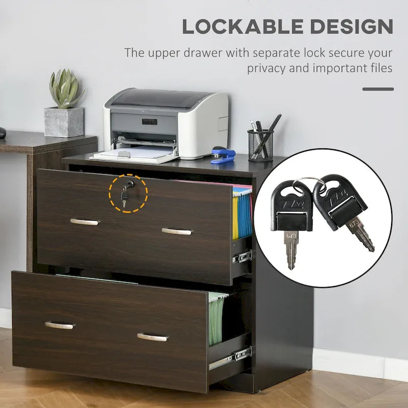 Classeur vertical 2 tiroirs avec serrure — Rangement de bureau noyer