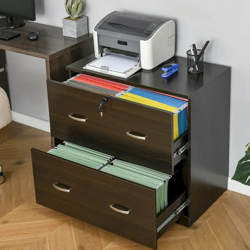 Classeur vertical 2 tiroirs avec serrure — Rangement de bureau noyer