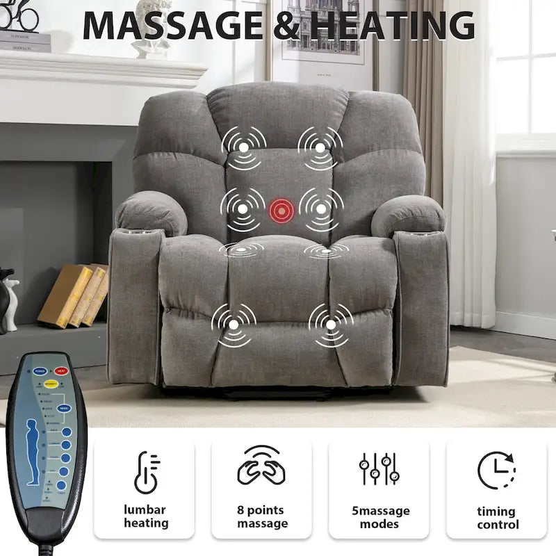 Fauteuil inclinable releveur électrique avec massage, chaleur et 2 porte-gobelets — Idéal pour les seniors