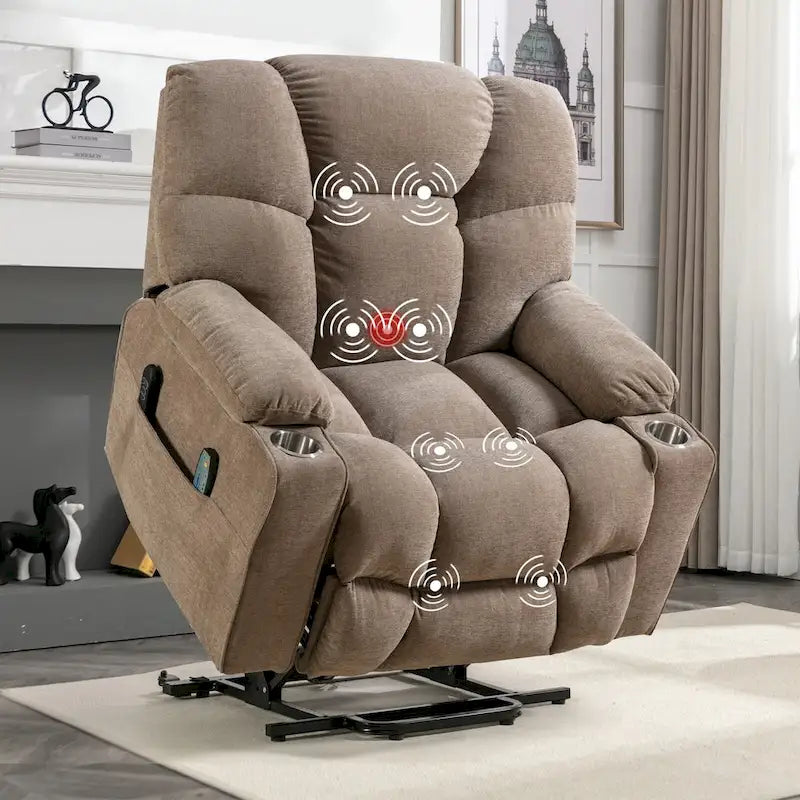 Fauteuil inclinable releveur électrique avec massage, chaleur et 2 porte-gobelets — Idéal pour les seniors