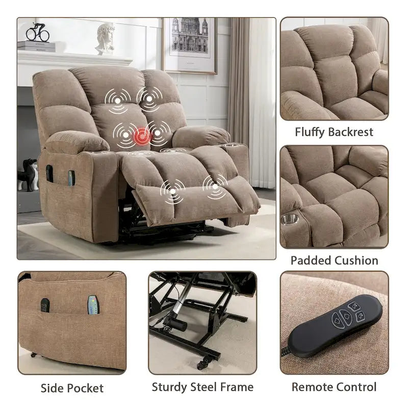 Fauteuil inclinable releveur électrique avec massage, chaleur et 2 porte-gobelets — Idéal pour les seniors